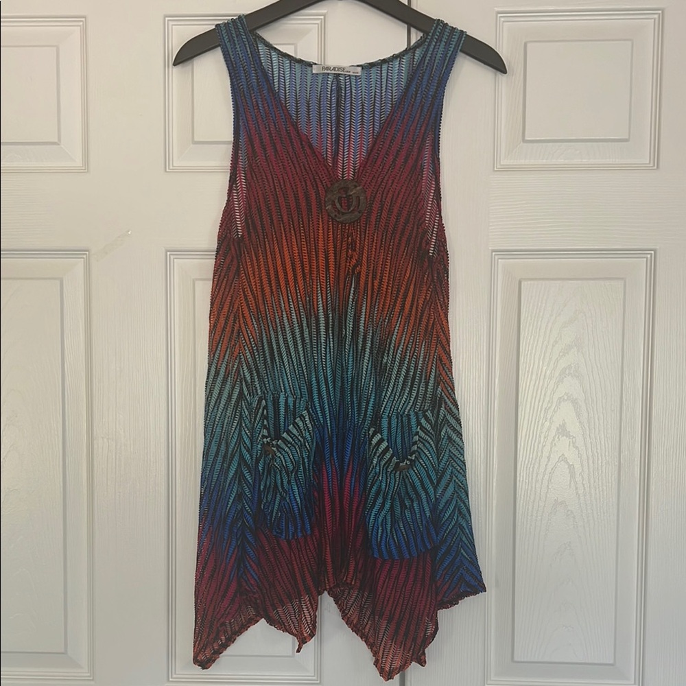 Colorful Tunic Top Style 2 front pockets SwimCoverup with Asymmetrical Hemline